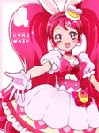  :d animal_ears border bow bunny_ears cake_hair_ornament character_name choker cowboy_shot cure_whip dress earrings extra_ears food food_themed_hair_ornament food_themed_ornament frills fruit gloves hair_ornament hairband highres jewelry kagami_chihiro kirakira_precure_a_la_mode long_hair looking_at_viewer magical_girl open_mouth outside_border outstretched_hand pink_border pink_bow pink_choker pink_eyes pink_hair pink_hairband precure smile solo strawberry twintails usami_ichika white_dress white_gloves 