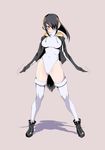  black_hair black_jacket brown_eyes covered_navel emperor_penguin_(kemono_friends) facing_viewer full_body hair_over_one_eye headphones highleg highleg_leotard jacket kemono_friends leotard long_hair multicolored_hair solo standing thighhighs ulrich_(tagaragakuin) white_legwear white_leotard 