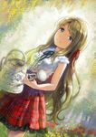  blonde_hair blue_eyes flower long_hair md5_mismatch miyai_haruki original outdoors sleeveless solo watering_can 