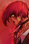  choker hair_over_one_eye hankuri male_focus open_mouth orochi_iori red_hair simple_background solo the_king_of_fighters yagami_iori yellow_eyes 