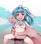 1boy 1girl ahegao blue_hair blush breasts fairy gradient gradient_background hair_ornament hetero high_resolution holding insertion jewelry large_insertion long_hair looking_at_viewer minigirl necklace nipples nude open_mouth outstretched_hand penis pointy_ears purple_eyes saliva shiny shiny_skin simple_background size_difference small_breasts solo_focus stomach_bulge tears tongue tongue_out wings 