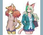  2girls artist_request brown_hair furry green_eyes long_hair lynx_(species) multiple_girls school_uniform tiger twintails 