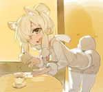  :d alpaca_ears alpaca_suri_(kemono_friends) alpaca_tail animal_ears bangs beige_shorts beige_vest bent_over blonde_hair blue_eyes blush breast_pocket cafe cup eyebrows from_side fur-trimmed_sleeves fur_collar fur_trim hair_bun hair_ornament hair_over_one_eye hair_ribbon horizontal_pupils indoors jpeg_artifacts kemono_friends kylin long_sleeves looking_at_viewer motion_lines neck_ribbon open_hands open_mouth pantyhose pocket red_ribbon ribbon saucer shirt shorts sidelocks smile solo swept_bangs table tail tail_wagging tea teacup teeth thick_eyebrows tress_ribbon upper_teeth vest white_legwear white_shirt wooden_table 