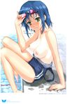  absurdres bare_shoulders barefoot blue_hair blush breasts goggles goggles_on_head green_eyes happoubi_jin highres looking_at_viewer medium_breasts one-piece_tan pool poolside scan short_hair sitting solo swimsuit swimsuit_pull tan tanline water 
