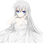  absurdres arm_strap bad_id bad_pixiv_id blue_eyes dress eyebrows_visible_through_hair hair_between_eyes hands_in_hair highres long_hair misteor parted_lips silver_hair simple_background sleeveless sleeveless_dress solo strapless strapless_dress sundress tears upper_body very_long_hair white_background white_dress 