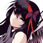  absurdres akemi_homura akuma_homura bad_id bad_pixiv_id bangs bare_shoulders black_gloves black_hair black_wings bow choker close-up elbow_gloves eyebrows_visible_through_hair eyes_visible_through_hair gloves hair_between_eyes hair_bow hairband hand_to_own_mouth head_tilt highres long_hair looking_at_viewer mahou_shoujo_madoka_magica mahou_shoujo_madoka_magica_movie misteor parted_lips purple_eyes red_hairband simple_background smile solo spoilers white_background wings 