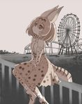  amusement_park animal_ears bare_shoulders belt between_legs boku_no_friend boots bow bowtie brown_ribbon commentary cross-laced_clothes dot_nose duplicate elbow_gloves eyebrows_visible_through_hair fence ferris_wheel from_side gloves ground hair_between_eyes hand_between_legs jpeg_artifacts kawanobe kemono_friends light_brown_eyes lonely looking_away looking_up monochrome_background muted_color orange_hair outdoors ribbon roller_coaster sad serval_(kemono_friends) serval_ears serval_print serval_tail shirt shoe_ribbon short_hair sitting sitting_on_fence skirt sleeveless sleeveless_shirt solo spot_color striped_tail tail thighhighs tree white_footwear white_shirt 