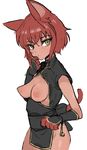  animal_ears black_dress breasts brown_hair chihiro_(chrnt) china_dress chinese_clothes cleavage copyright_request dark_skin dress eyebrows_visible_through_hair eyeshadow gloves hand_to_own_mouth makeup nipples no_panties puffy_nipples short_hair side_slit simple_background small_breasts solo tail top_pull turtleneck white_background yellow_eyes 