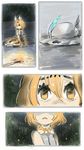  animal_ears blonde_hair bow comic commentary_request elbow_gloves forest gloves hat_feather highres kemono_friends nature serval_(kemono_friends) serval_ears serval_print serval_tail short_hair skirt sleeveless tail torch zarkzero 