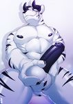  anthro ball_grab balls black_nipples black_penis blue_eyes circumcised claws erection feline fur hi_res horn humanoid_penis looking_at_viewer male mammal muscular mystikfox61 nipples nude pecs penis red_winds simple_background smile smirk solo stripes tiger vein white_background white_fur 