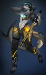 4_toes 5_fingers angiewolf anthro armor blood blue_eyes blue_hair fish gradient_background hair holding_object holding_weapon male marine melee_weapon shark simple_background solo standing sword toes weapon 