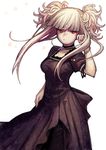  aoki_hagane_no_arpeggio arm_up bangs black_choker black_dress blonde_hair blunt_bangs breasts choker dress htm_(gixig) kongou_(aoki_hagane_no_arpeggio) lipstick long_hair looking_at_viewer makeup medium_breasts red_eyes short_sleeves simple_background solo twintails two_side_up white_background 