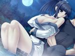  1boy 1girl bath_robe black_hair blush breasts game_cg hisame_sayaka hot_springs large_breasts minna_daisuki_kozukuri_banchou moon night outdoors purple_eyes robe wet 