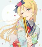  angelic_angel ayase_eli bangs blonde_hair blush bow chinese_clothes fan green_eyes hair_bow hair_ornament long_hair love_live! love_live!_school_idol_project lyc13 one_eye_closed smile solo 