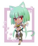  akanbe angry animal_ears armlet bangs bare_shoulders belt blush border bracelet bridal_gauntlets brown_belt cat_ears cat_tail chaps chibi closed_mouth commentary_request criss-cross_halter crop_top crossdraw_holster dark_skin dual_wielding emerald_sustrai full_body gloves green_hair gun halterneck handgun high_heels holding iesupa jewelry leg_up midriff money navel outside_border pants paw_print pink_border red_eyes revolver rwby shoes short_hair_with_long_locks slit_pupils solo standing standing_on_one_leg stomach tail tongue tongue_out weapon white_background white_pants yellow_gloves 