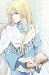  blonde_hair blue_eyes book cape fire_emblem fire_emblem:_rekka_no_ken holding holding_book long_hair looking_at_viewer lucius male_focus smile white_cape wide_sleeves 