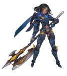  adapted_costume armor black_hair black_panties breastplate brown_eyes dark_skin eye_of_horus facial_mark faulds full_body gauntlets greaves gwayo halberd hand_on_hip navel navel_cutout overwatch panties pharah_(overwatch) polearm poleaxe quad_braids solo thighhighs thighhighs_under_boots transparent_background underwear weapon wings 