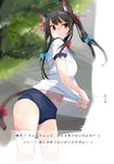  alternate_hairstyle animal_ears bangs black_hair blue_bow blue_buruma blurry blurry_background bow brown_eyes buruma cat_ears cat_tail check_translation closed_mouth commentary_request cowboy_shot fake_animal_ears fake_tail gym_shirt gym_uniform hair_bow hair_ribbon long_hair navel outdoors punishment_game red_bow red_ribbon ribbon shirt shirt_tug short_sleeves solo stairs standing sweatdrop t-shirt tail tail_ribbon tetsurou_(fe+) touhou translation_request twintails usami_renko white_shirt 