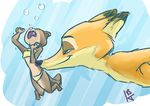  2017 anthro bikini canine clothed clothing disney fox ittybittykittytittys kris_(zootopia) male mammal mustelid nick_wilde nuzzling otter size_difference smile swimsuit underwater water zootopia 