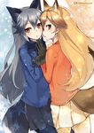  animal_ears blazer blonde_hair bow bowtie ezo_red_fox_(kemono_friends) fox_ears fox_tail fur_trim gloves grey_hair holding_hands jacket kemono_friends long_hair multiple_girls pantyhose school_uniform signature silver_fox_(kemono_friends) skirt super_zombie tail twitter_username 