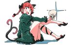  :d animal_ears bangs bare_legs black_bow black_footwear blunt_bangs bow braid cat_ears cat_tail dress eyebrows_visible_through_hair fang frilled_dress frilled_sleeves frills green_dress hair_bow hair_ribbon juliet_sleeves kaenbyou_rin leg_ribbon long_sleeves looking_at_viewer multiple_tails open_mouth puffy_sleeves red_bow red_eyes red_hair ribbon shadow shoe_bow shoes sitting skull smile solo tail touhou tress_ribbon twin_braids two_tails white_background zk_(zk_gundan) 