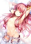  ;) ajishio armpits arms_behind_head breasts closed_mouth hair_censor hair_ribbon kotonoha_akane leg_garter long_hair looking_at_viewer navel one_eye_closed panties pink_hair red_eyes red_ribbon ribbon small_breasts smile solo thighhighs topless underwear very_long_hair voiceroid white_legwear white_panties 