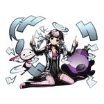  black_dress blue_bow bow braid breasts cleavage collarbone divine_gate dress full_body hair_bow head_tilt index_finger_raised labcoat long_hair looking_at_viewer mobius_(divine_gate) nail_polish official_art pink_hair pink_legwear pink_nails purple_eyes sitting small_breasts solo striped striped_legwear thighhighs transparent_background twin_braids ucmm 