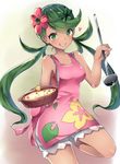  :q apron cowboy_shot dark_skin e-co flower food green_eyes green_hair hair_flower hair_ornament heart ladle leaf_print leg_up licking_lips looking_at_viewer mao_(pokemon) pink_apron pokemon pokemon_(game) pokemon_sm smile solo tongue tongue_out twintails 
