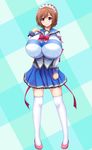  1girl blush breasts brown_hair btk female frills headwear honoo_no_haramase_oppai_nyuu_doukyuusei huge_breasts looking_at_viewer munemoto_minori purple_eyes ribbons school_uniform short_hair solo squeez thighhighs white_legwear 