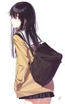  aiko_(aiko_54) artist_name bag bangs black_hair black_skirt brown_cardigan cardigan commentary_request cowboy_shot eyebrows_visible_through_hair from_side hair_between_eyes hands_in_pockets highres koe_no_katachi long_hair looking_at_viewer looking_back neckerchief open_cardigan open_clothes pleated_skirt purple_eyes red_neckwear school_bag school_uniform serafuku shoulder_bag signature simple_background skirt solo thighs tongue tongue_out ueno_naoka white_background 