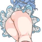  ass ass_focus bare_legs blue_dress blue_hair close-up dress foreshortening frills from_below hair_ornament hair_rings hair_stick kaku_seiga kneepits kureha_mitsushige no_panties petticoat simple_background solo thick_thighs thighs touhou upskirt white_background 