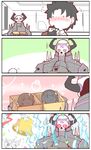  4koma absurdres alex_(alexandoria) armor black_hair blush box cloak comic fate/apocrypha fate/grand_order fate/prototype fate/prototype:_fragments_of_blue_and_silver fate_(series) fujimaru_ritsuka_(male) gift gift_box glowing glowing_eyes hassan_of_serenity_(fate) highres horns jack_the_ripper_(fate/apocrypha) king_hassan_(fate/grand_order) long_sleeves mask multiple_boys silent_comic skull skull_mask 