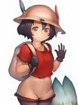  backpack bag black_eyes black_hair breasts fumio_(rsqkr) gloves hat helmet kaban_(kemono_friends) kemono_friends light_smile looking_at_viewer pantyhose pith_helmet short_hair shorts simple_background small_breasts 