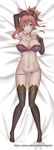  arm_up armpits bare_shoulders black_legwear blue_eyes blush breasts cameltoe cleavage closed_mouth collarbone commentary_request dakimakura detached_sleeves fate/grand_order fate_(series) full_body hair_between_eyes hair_ornament large_breasts looking_at_viewer lying midriff miyamoto_musashi_(fate/grand_order) navel negister on_back panties panty_pull patreon_username red_hair smile solo stomach thighhighs underwear white_panties 