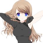  armpits asymmetrical_sleeves bad_id bad_pixiv_id black_gloves blue_eyes breasts brown_hair eyebrows_visible_through_hair gloves hand_in_hair highres long_hair looking_at_viewer medium_breasts misteor original parted_lips solo upper_body 