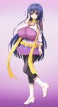  1girl blue_hair blush boots breasts btk cleavage dress female frills gradient gradient_background honoo_no_haramase_oppai_nyuu_doukyuusei huge_breasts long_hair looking_at_viewer open_mouth otowa_kanade purple_eyes ribbon scarf solo squeez 