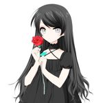  bad_id bad_pixiv_id black_dress black_hair choker collarbone dress flower grey_eyes highres holding holding_flower long_hair looking_at_viewer misteor original red_flower short_sleeves simple_background solo upper_body very_long_hair white_background 