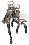  1girl black_dress black_footwear black_hairband blindfold boots commentary_request computer covered_eyes dress hairband juliet_sleeves laptop long_sleeves mole mole_under_mouth nier_(series) nier_automata puffy_sleeves short_hair silver_hair starshadowmagician yorha_no._2_type_b yorha_no._9_type_s 