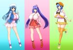  3girls aqua_eyes blue_hair blush braids breasts btk ebihara_mai female frills gradient gradient_background hair_ornament hat honoo_no_haramase_oppai_nyuu_doukyuusei huge_breasts izunae_meiri long_hair looking_at_viewer multiple_girls purple_hair ribbon skirt squeez thighhighs tooyama_asuka yellow_eyes 