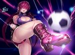  absurdres ball bare_shoulders boots breasts cleavage cleavage_cutout dated earrings electricity fengmo hair_over_eyes highres jewelry kicking large_breasts shermie signature smile soccer_ball solo the_king_of_fighters thighs upskirt 
