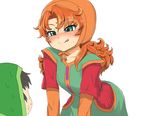  1girl blue_eyes blush breasts curly_hair dragon_quest dragon_quest_vii dress hat hero_(dq7) highres invisiblewanwano long_hair maribel_(dq7) medium_breasts red_hair short_hair smile 