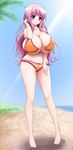  1girl beach bikini blush breasts btk curvy female honoo_no_haramase_oppai_shintai_sokutei huge_breasts long_hair looking_at_viewer mashita_urara pink_eyes pink_hair solo squeez 