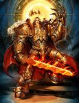  aquila_(symbol) armor artist_name bird blade boots brown_hair cape claws commentary eagle emperor_of_mankind english_commentary epic fire flame flaming_sword gauntlets gem genzoman gloves gold gold_armor gothic greaves halo king knee_pads laurel_crown laurels long_hair male_focus manly mecha ornate pauldrons pelt power_armor power_suit realistic revision science_fiction scowl solo stairs standing sword warhammer_40k weapon wings wreath 