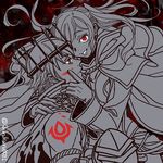  1girl blood cloak crown evil_smile female_my_unit_(fire_emblem:_kakusei) fire_emblem fire_emblem:_kakusei gloves greyscale hand_on_own_cheek holding krom looking_at_viewer monochrome my_unit_(fire_emblem:_kakusei) red_eyes shirokuro_(0501nk) smile twintails twitter_username upper_body 