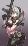  ahoge aqua_eyes ar-15 assault_rifle bad_anatomy breasts camouflage camouflage_pants cleavage gloves gun headset holster knife kws medium_breasts midriff military open_mouth original pants ponytail revision rifle scarf silver_hair solo sports_bra thigh_holster twisted_torso vertical_foregrip weapon 