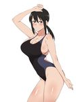  black_eyes black_hair black_swimsuit breasts competition_swimsuit cowboy_shot highres kagemusha large_breasts long_hair low_ponytail one-piece_swimsuit original ponytail simple_background smile solo standing swimsuit white_background 