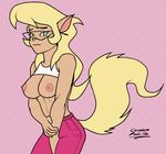  2017 anthro blonder breasts callie_briggs cerebropodrido digital_media_(artwork) embarrassed exhibitionism exposed_breasts eyewear female glasses green_eyes hair long_hair looking_at_viewer nipples pose presenting raised_shirt simple_background solo swat_kats 