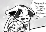  2015 animal_crossing anthro arm_support black_and_white canine clothed clothing dialogue dog english_text female inkyfrog leaning_on_elbow mammal monochrome nintendo one_eye_closed portia_(animal_crossing) solo text video_games wink 