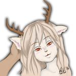  antlers blush brown_hair fangs female first_person_view hair horn human looking_at_viewer mammal red_eyes solo unknown_artist wendigo 