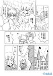  3girls animal_ears breasts castle check_translation chinese collar comic crossdressing madjian midriff monochrome multiple_girls original otoko_no_ko short_hair short_twintails spot_color translation_request twintails watermark web_address wolf_ears 